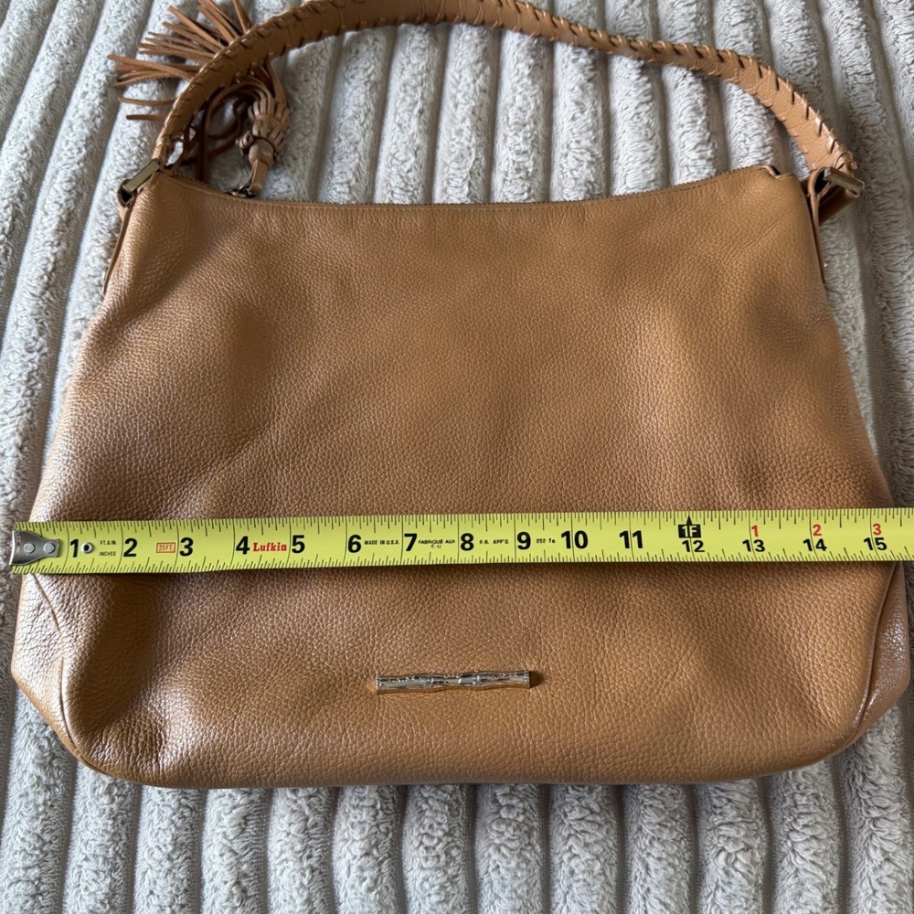 Elaine Turner Tan Pebbled Leather Hobo Bag Braided Strap Tassel Pink Lining - Picture 7 of 11